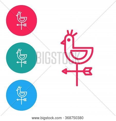 Red Line Rooster Weather Vane Icon Isolated On White Background. Weathercock Sign. Windvane Rooster.