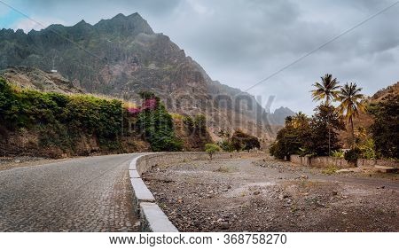 Rural Landscape With Road Surrounded By Arid Mountains In The Coculi Valley On The Island Of Santo A