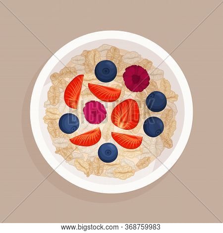 Oatmeal With Berries Close-up. Top View. Vector.