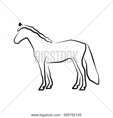 Horse Icon. Outline Vector Illustration. Hand Drawn Style. Farm Animals. Logo Of Grazing Horse Full 