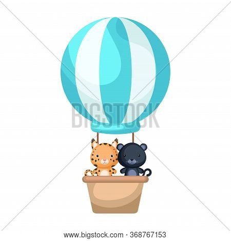 Cute Baby Lynx And Panther In The Hot Air Balloon. Graphic Element For Childrens Book, Album, Scrapb