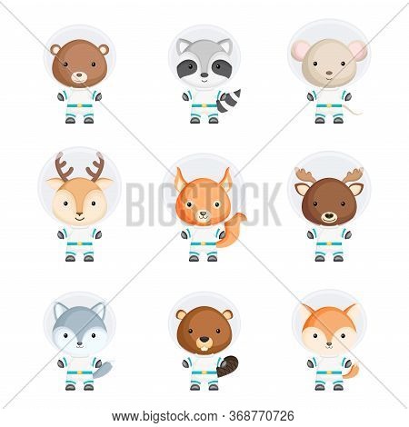 Set Of Cute Spacemen Animals. Adorable Animals Characters For Design Of Album, Scrapbook, Card, Post