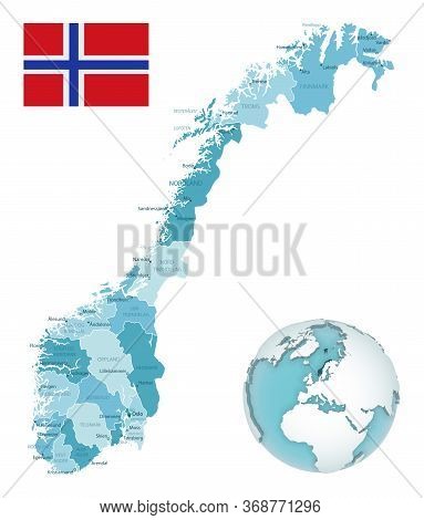 Norway Administrative Blue-green Map With Country Flag And Location On A Globe.