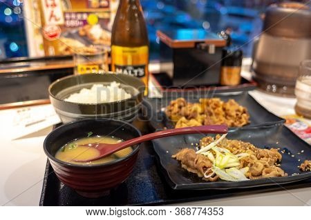 Osaka / Japan - October 14, 2017: Set Meal At Yoshinoya, Japanese Fast Food Chain Of Gyudon (beef Bo