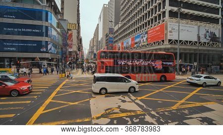 Hong Kong, China - January 19, 2019: Movement Along Streets Of Hong Kong From The Two-storeyed Bus.