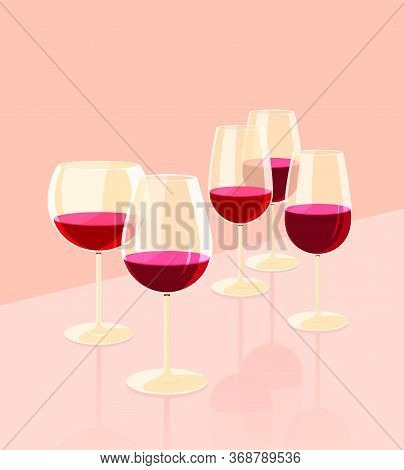Glass Goblets For Wine. There Is Some Red Wine In The Glasses. Set Of Flat Vector Illustration.