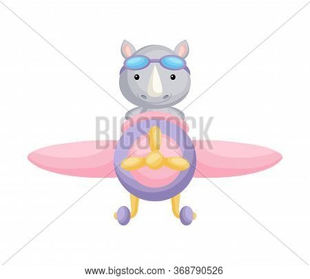 Cute Rhino Pilot Wearing Aviator Goggles Flying An Airplane. Graphic Element For Childrens Book, Alb