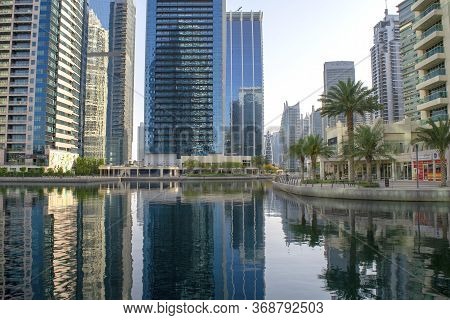 Dubai / Uae - May 26, 2020: Panoramic View Of Jumeirah Lakes Towers Skyscrapers With Artificial Lake