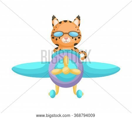 Cute Lynx Pilot Wearing Aviator Goggles Flying An Airplane. Graphic Element For Childrens Book, Albu