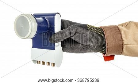Worker Hand In Black Protective Glove And Brown Uniform Holding By Fingers Satellite Dish Lnb Isolat