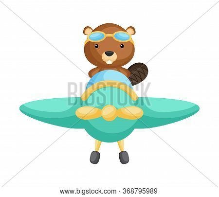 Cute Beaver Pilot Wearing Aviator Goggles Flying An Airplane. Graphic Element For Childrens Book, Al