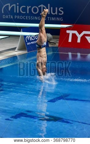 Kyiv, Ukraine - August 7, 2019: Alex Jandard Of France Performs During Mens 1m Springboard Final Of 