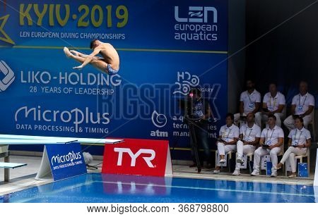 Kyiv, Ukraine - August 7, 2019: Jordan Houlden Of Great Britain Performs During Mens 1m Springboard 