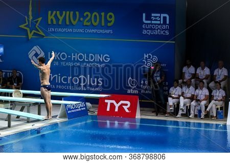 Kyiv, Ukraine - August 7, 2019: Patrick Hausding Of Germany Preparing To Dive During Mens 1m Springb