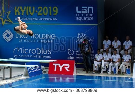 Kyiv, Ukraine - August 7, 2019: Guillaume Dutoit Of Switzerland Performs During Mens 1m Springboard 