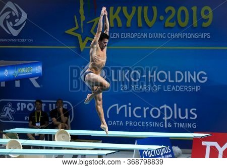 Kyiv, Ukraine - August 7, 2019: Patrick Hausding Of Germany Performs During Mens 1m Springboard Fina