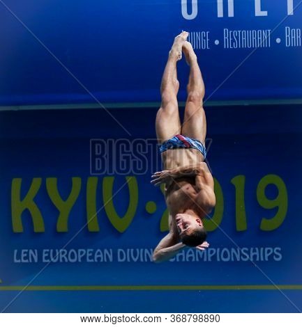 Kyiv, Ukraine - August 7, 2019: Jordan Houlden Of Great Britain Performs During Mens 1m Springboard 