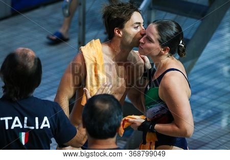 Kyiv, Ukraine - August 9, 2019: Maicol Verzotto And Noemi Batki Of Italy React After The Mixed 10m S