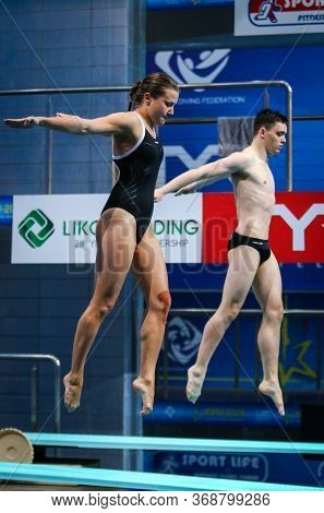 Kyiv, Ukraine - August 6, 2019: Tina Punzel And Lou Massenberg Of Germany Perform During Mixed 3m Sy