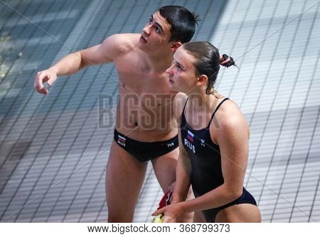 Kyiv, Ukraine - August 6, 2019: Uliana Kliueva And Ruslan Ternovoi Of Russia React On Their Jump Dur