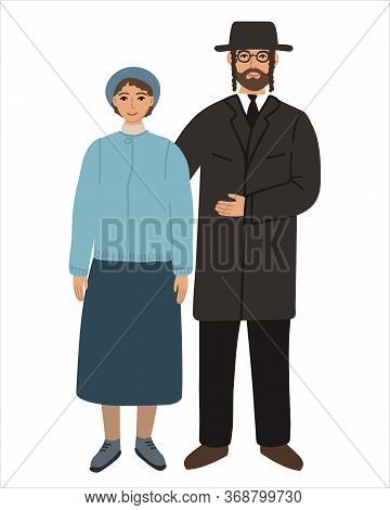 Jews Flat Husband And Wife Family. Couple Hindus Standing Together And Cuddling. Orthodox Jews Man A
