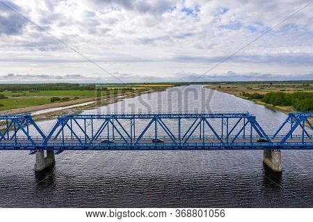 Aerial Panoramic View From Above To The Bridge Over The River Lielupe Near Kalnciems, Latvia