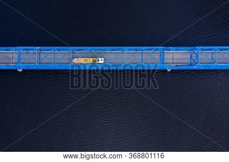 Top Down Aerial View To The Bridge Over The River Lielupe Near Kalnciems, Latvia