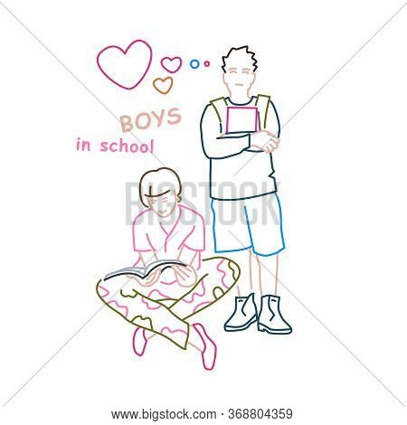 Boy In Love. Teenager Behavior Concept. College Couple. Beautiful Reading Girl Preparing To The Scho