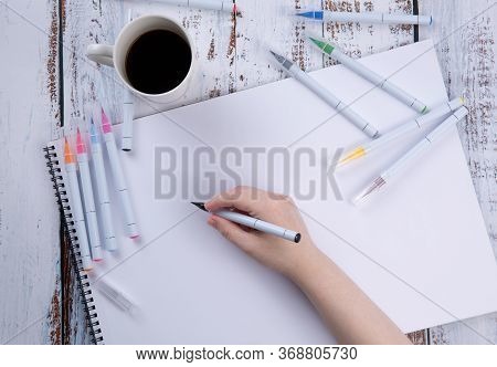 Hand Drawings With Markers. Near The Cup. Space For Text
