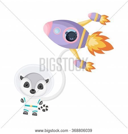 Cute Panther And Lemur Astronauts Flying In Rocket And Open Space. Graphic Element For Childrens Boo