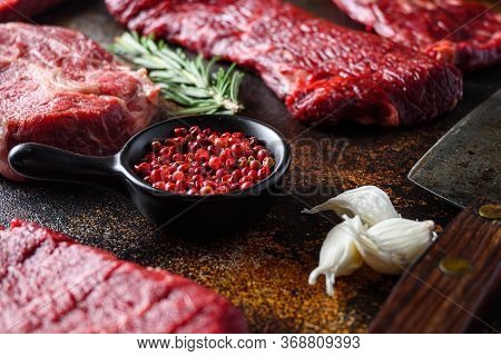 Side View Close Up On Red Pepper Near Machete Steak, Flank Steak, Cut Near Denver Alternative Beef S
