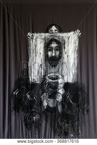 BAD URACH, GERMANY - OCTOBER 21, 2014: Lenten cloth by Sieger Koder in St. Joseph's Church in Bad Urach, Germany