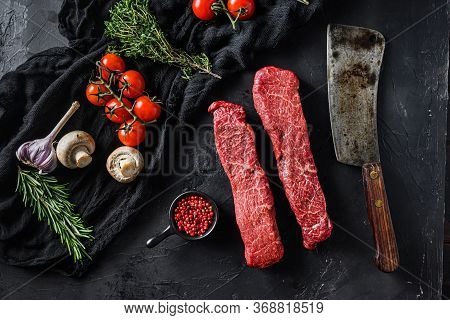 Raw Set Of Denver Cut Organic Meat With Vegetable Rosemary And Other Ingredients Near Butcher Meat C