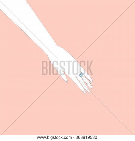 Vector Illustration In Flat Cartoon Style With Hand And Wedding Ring On Pink Background. For Poster,