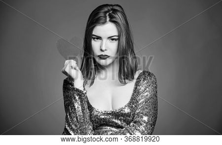Girl Adorable Fashion Model Makeup Face Hold Heart Valentines Card. Obsession Concept. Love From Fir