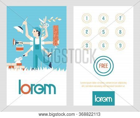 Loyalty Card For Handyman Services. Pay 9 Get 1 Free Offer. Man With Many Hands.