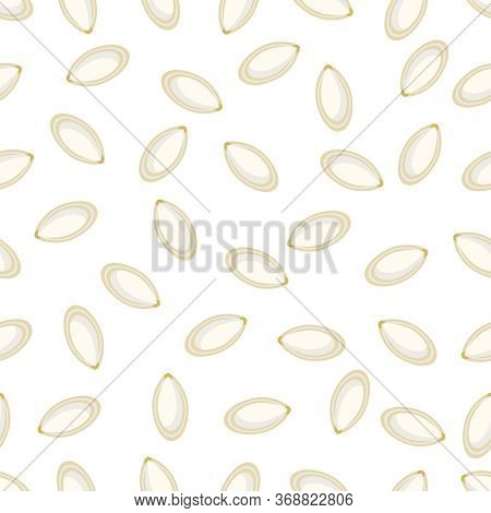 Seamless Pattern With Pumpkin Seeds On A White Background. Squash Whole Yellow Pumpkin Seeds In Cart