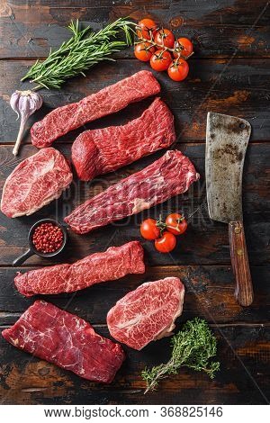 Set Of Flap Flank Steak, Machete Steak Or Skirt Cut, Top Blade Or Flat Iron Beef And Tri Tip, Triang