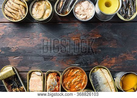 Copyspace Concept For Text Between Two Lines Of Various Canned Prepared Vegetables, Meat, Fish And F