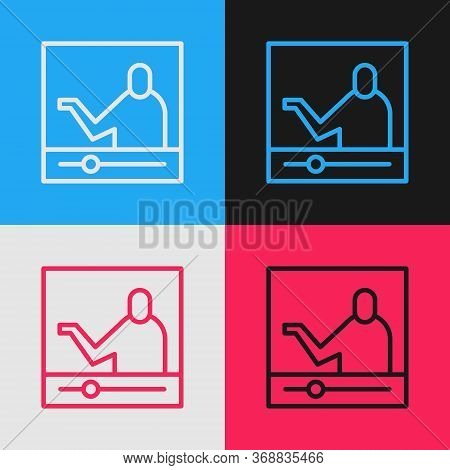 Pop Art Line Online Education And Graduation Icon Isolated On Color Background. Online Teacher On Mo