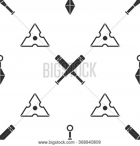Set Japanese Ninja Shuriken, Crossed Baseball Bat And Japanese Ninja Shuriken On Seamless Pattern. V