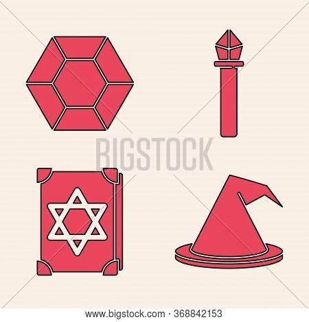 Set Witch Hat, Magic Stone, Magic Staff And Ancient Magic Book Icon. Vector.