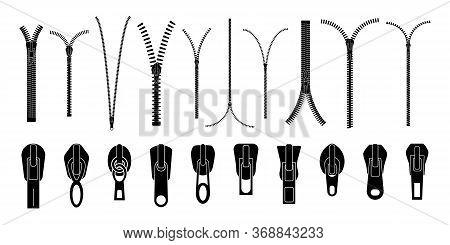 Zip Pulls Or Zipper Pullers, Black Zip Lock Stock Collection Isolated On White Background. Closed An