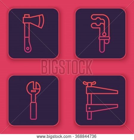 Set Line Wooden Axe, Adjustable Wrench, Clamp Tool And Clamp Tool. Blue Square Button. Vector.