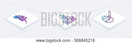 Set Isometric Line Willow Leaf, Church Building And Easter Egg And Paint Brush. White Square Button.