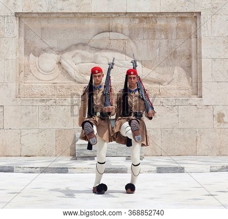 Athens, Greece - May 18, 2019: Changing Of The Guard In Front Of The Tomb Of The Unknown Soldier Whi