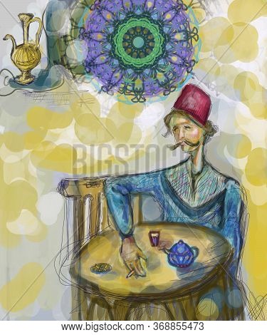 Drawing About Oriental Coffee Place With A Man Sittings And Drinking Tea