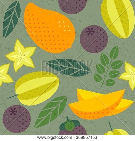 Seamless Pattern. Mango, Carambola (starfruit) And Mangosteens.  Ripe Fruits With Leaves On Shabby B