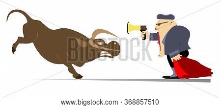 Cartoon Bullfighter Shouts At The Angry Bull Illustration. Cartoon Bullfighter With Matador Cape And