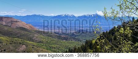 Rocky Mountain Wasatch Front Peaks, Panorama Landscape View From Butterfield Canyon Oquirrh Range By